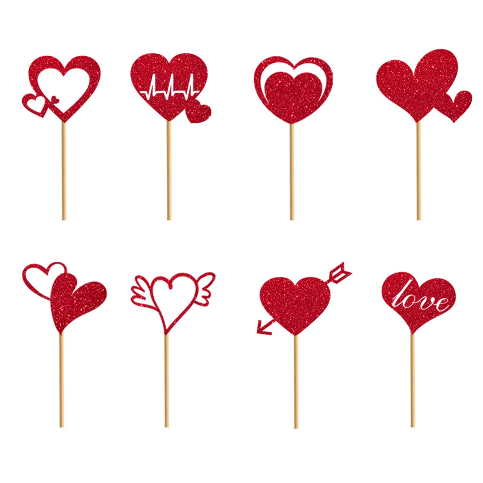 Valentine s Day Cake Decorations Set with Glitter Heart Cupcake Toppers - 8pcs Love Theme Party Supplies for Holiday