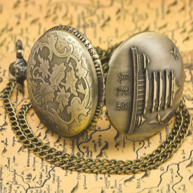 빈티지 청동 Steampunk 기능 매력 새겨진 석영 주머니 시계 목걸이 펜던트 시계 체인 남성 여성 체인 선물