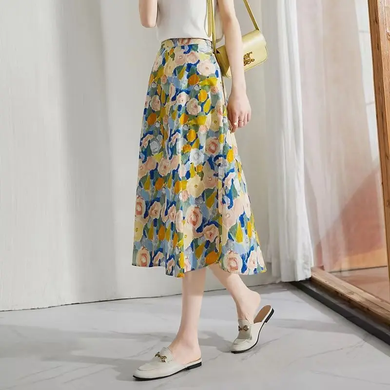 Oil painting half length skirt for summer wear, new loose and slim, floral pleated A-line skirt for women  Slim Fit aquarelle painting copying manuscripts lotus meticulous painting line draft chinese ripe xuan paper painting coloring manuscript