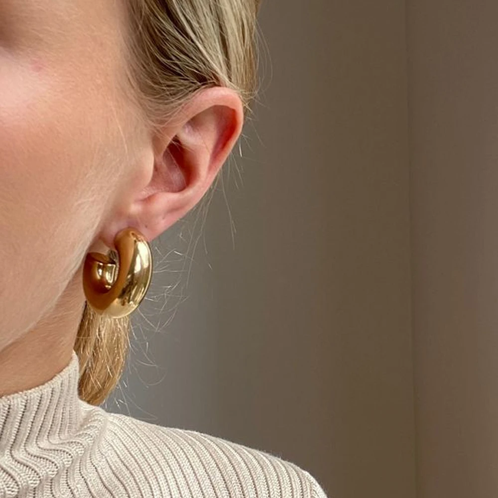 Punk Classics C Shape Open Round Circle Chunky Hoop Earrings Fashion Women Stainless Steel Smooth Thick Tube Huggie Ear Rings