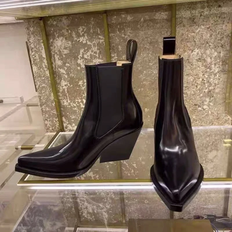 

Ботинки Челси из лакированной кожи с острым носком, Стрейчевые ботинки на танкетке, без застежки, на высоком каблуке, черные женские туфли