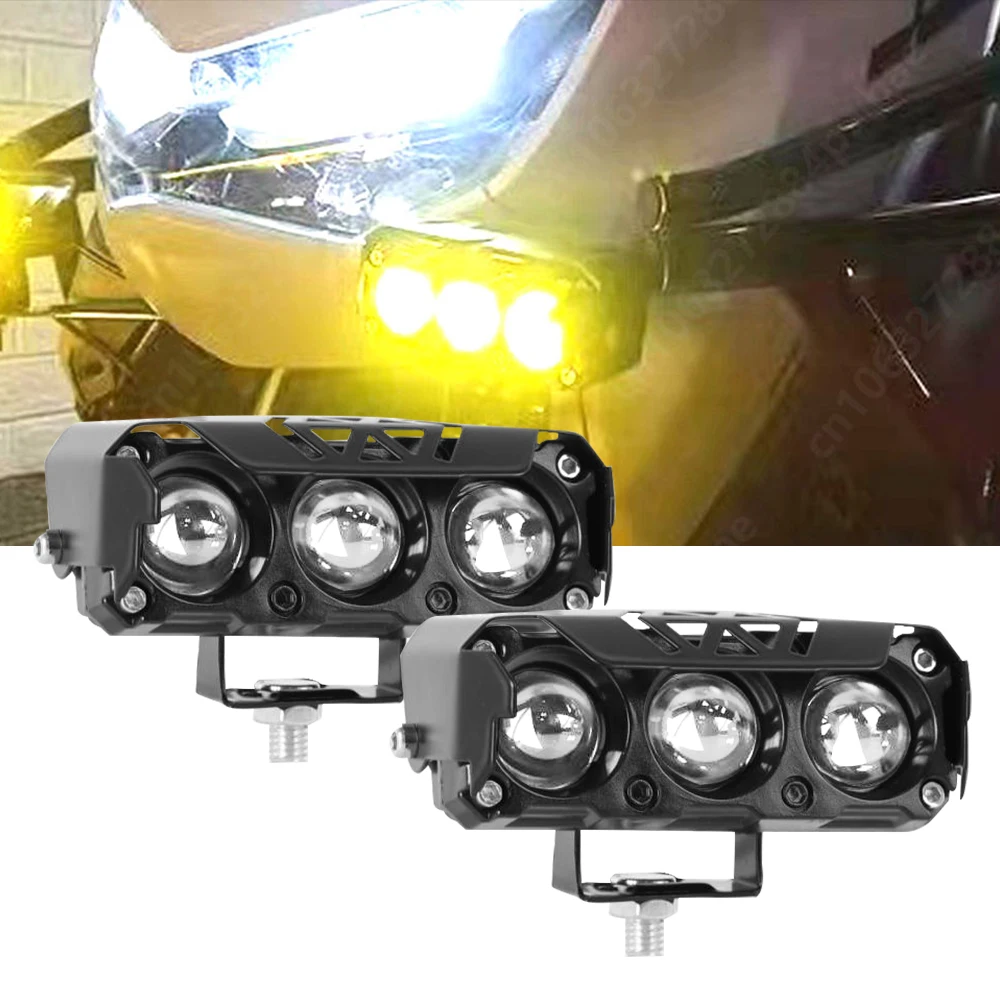 Motorcycle LED Spotlight Dual Color Hi/Low Beam 3 Lens 12V Work light Scooters Headlight Motorbike Fog Lamps Driving Light