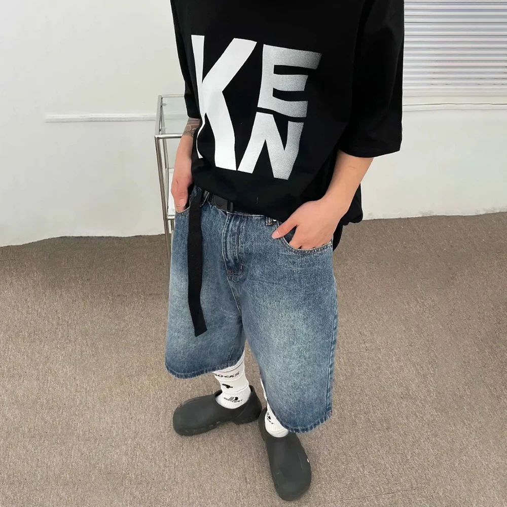 2024 Summer Simple Large Size Loose Washed Jeans Men's Y2k High Street Sports Retro Casual Five-point Pants Design Trendy Shorts