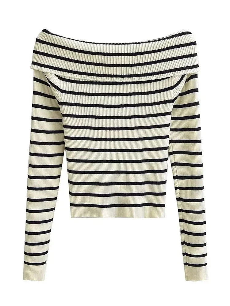 

HH TRAF женский с открытыми плечами, рифленый Женский Осенний Полосатый Тонкий пуловер с длинным рукавом, женские элегантные свитера