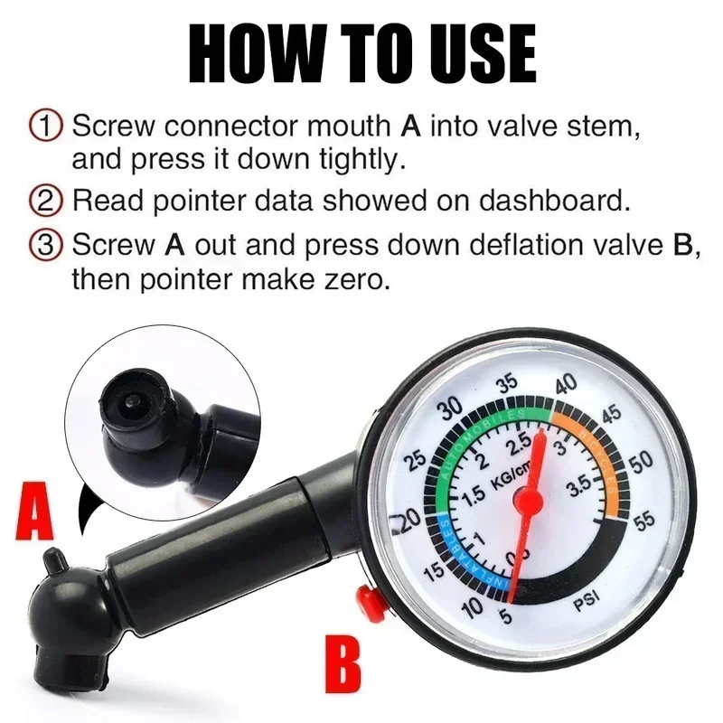 High Precision Analog Tire Pressure Gauge - Professional Automotive Tyre Deflation Detector with Pointer for Car/Motorcycle/Bike