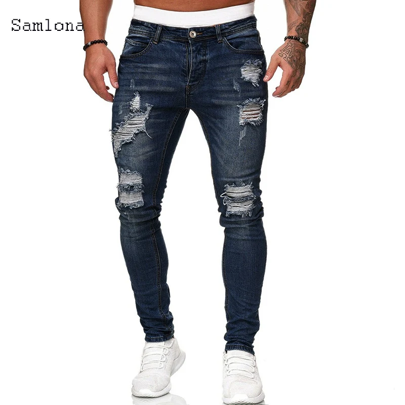 European American Male Stretch Small Straight Skinny Jeans Classic Simplicity Solid color Denim Pants Men clothing Blue Trousers