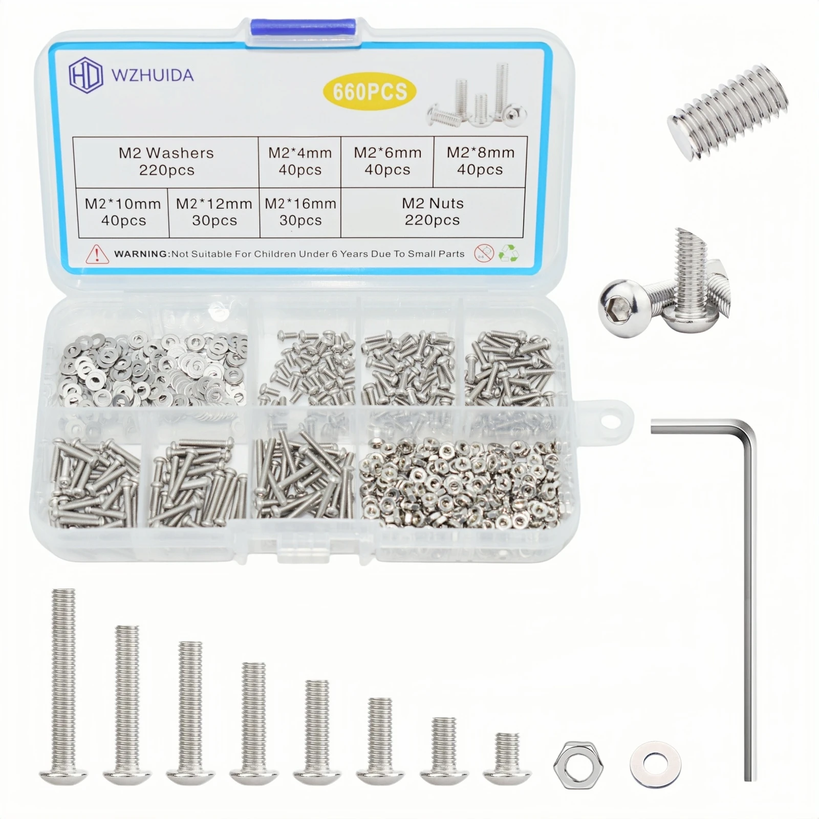 M2 304 Stainless Steel Hex Hexagon Socket Allen Button Head Screw Bolt Nut Assortment Kit 660pcs