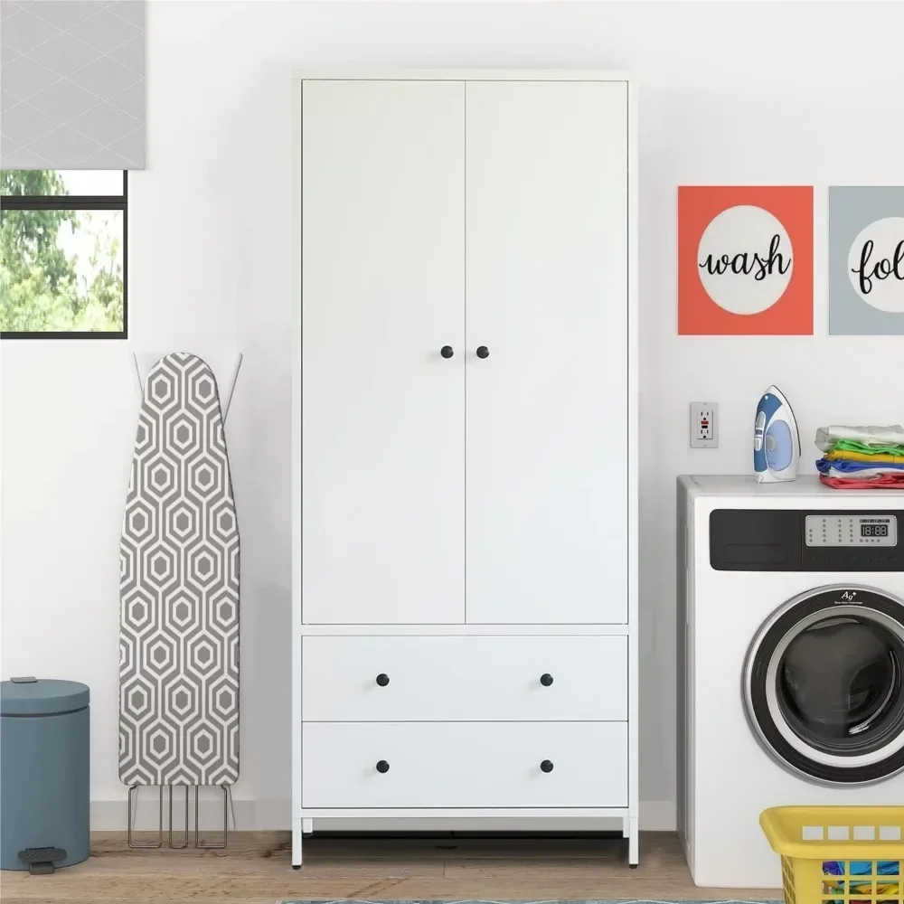 

Metal Storage Wardrobe with Hanging Rod, Armoire w/2 Doors & 2 Drawers,Steel Wardrobe Closet for Home, Office (White)
