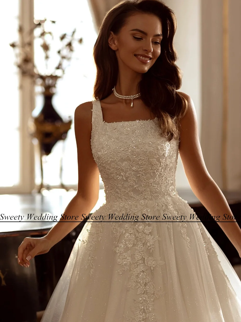 New Arrival Bride Gown Customized Square Neck Sleeveless Sequin Applique Sweep Train Soft Tulle A Line Corset Wedding Dress 3
