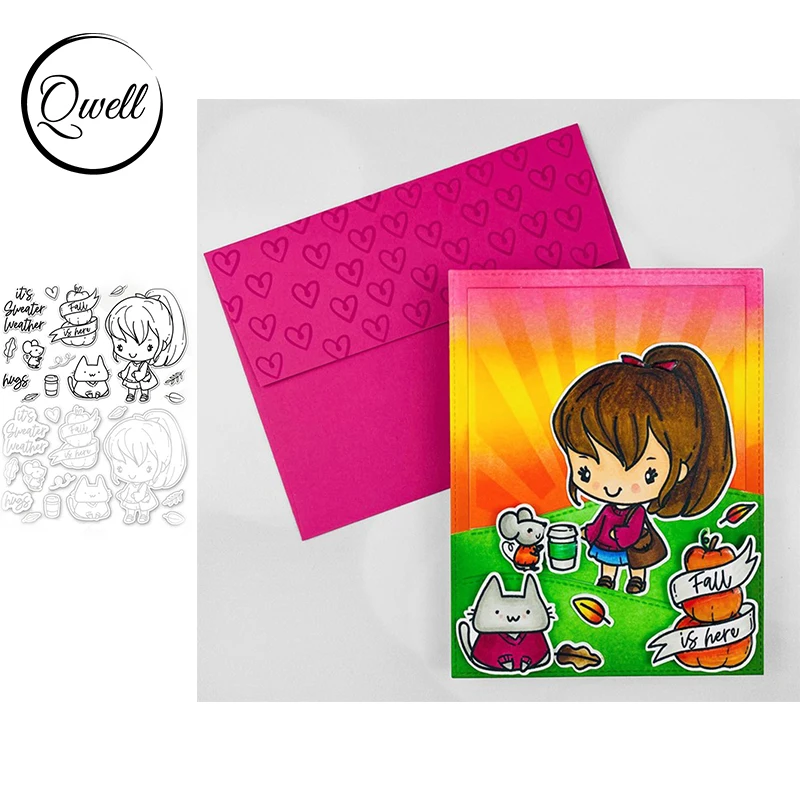 

QWELL Lovely Girl Cat Mouse Metal Cutting Dies with Clear Stamps Fall Weather Leaves Pumpkin DIY Scrapbooking Paper Cards 2022
