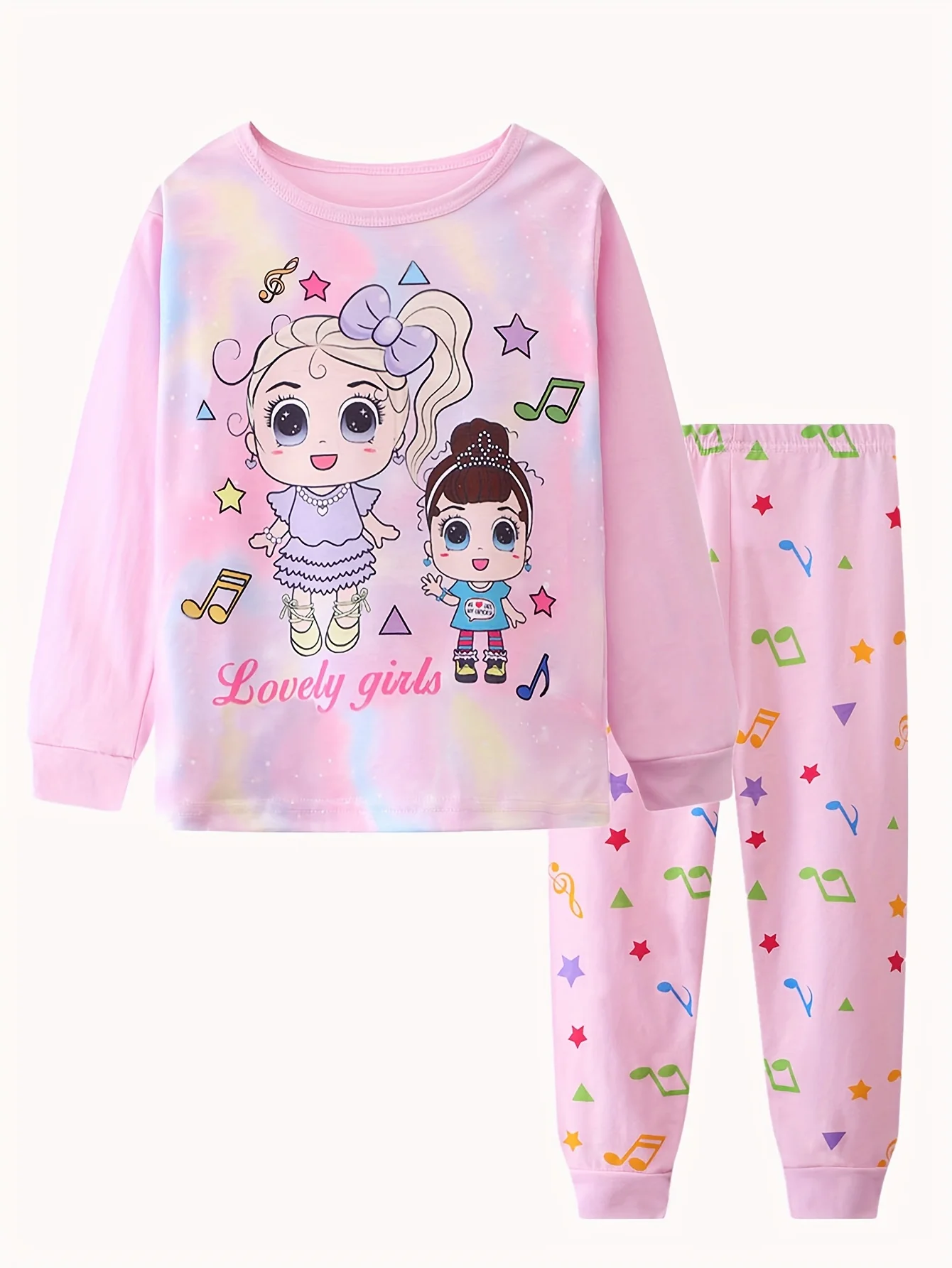 thumbnail image 1 of 2pcs Girls Casual Cartoon Unicorn Print Crew Neck Pink Cotton Pajama Sets, 1 of 5