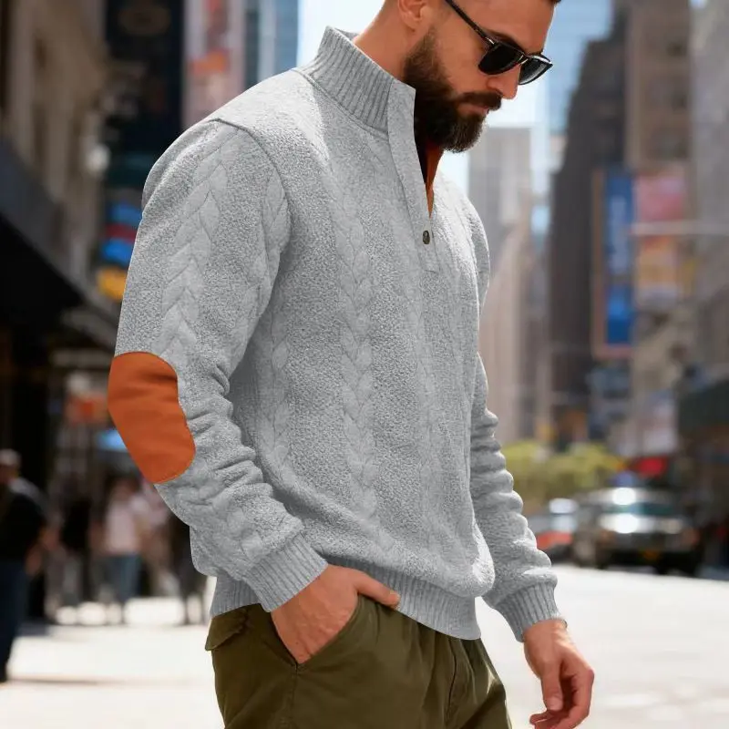 Men's Waffle Knit Quarter Zip Pullover with Contrast Trim and Elbow Patches Casual Long Sleeve Sweater