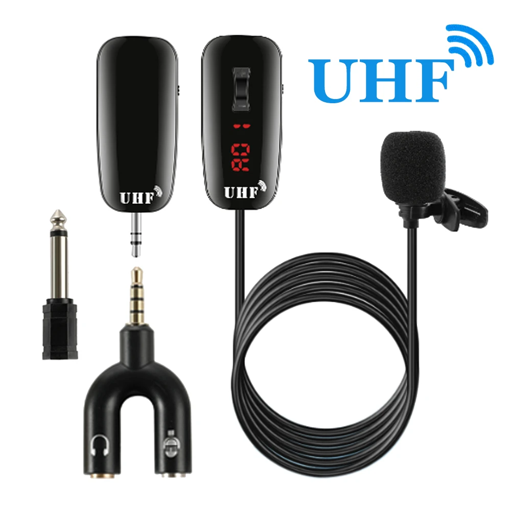 UHF Lapel Wireless Microphone Recording Live Streaming Microphone Transmitter Receiver 50m Working Range for Laptop PC
