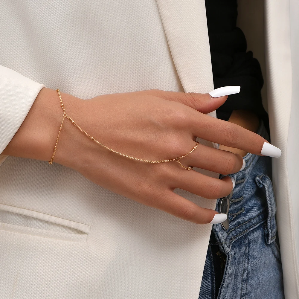

Creative Tiny Chain Bracelet Finger Rings For Women Gold Color Link Chains Connecting Hand Harness Bracelets Jewelry Gift