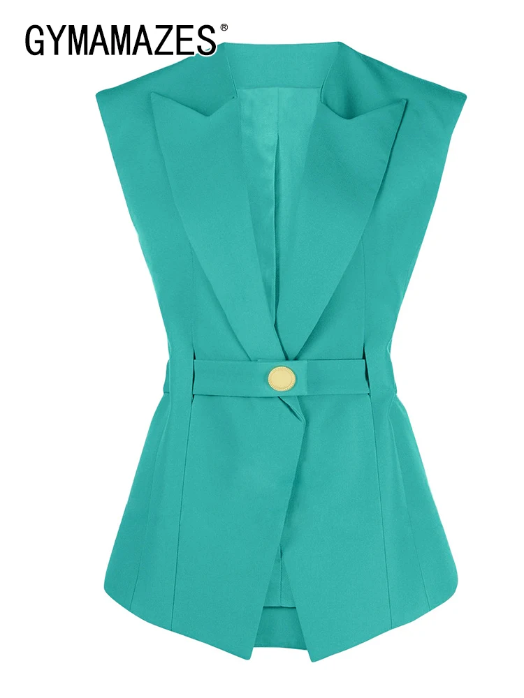 

GYMAMAZES Minimalist Solid Waistcoats For Women Notched Collar Sleeveless Tunic Patchwork Belt Temperament Waistcoat Female 2023
