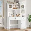Computer Desk with Hutch, White Desk with Drawers and Power Outlet, Study Desk, Writing Desk with 3 Doors and 3 Drawers, Combina 3