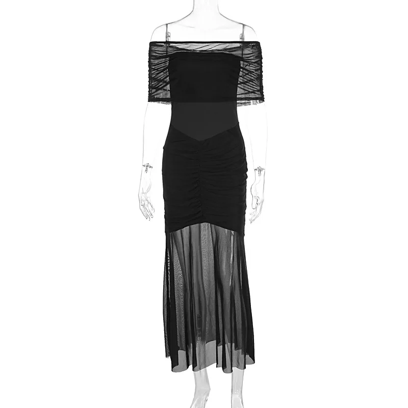 Autumn Mesh 2 Piece-Set Long Dress Women Off-Shoulder Pleated Elegant Bandeau Dress See-Through Female Maxi Dress Outfits