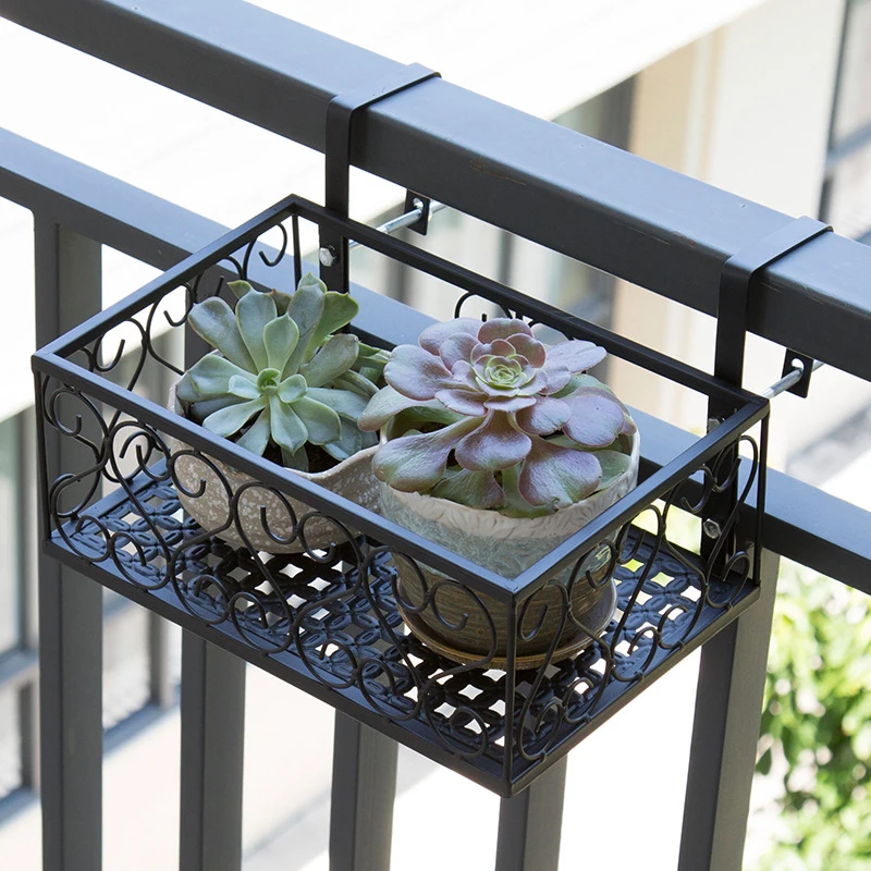 Balcony Flower Stand Wrought Iron Railing Multi-layer Hanging Flowers Pot Rack Wall Green Radish Succulent Plant Shelves