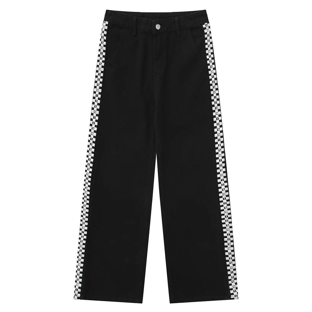 

Men Streetwear Denim Pants Side Plaid Contrast Stitching Retro Vintage Denim Pants Hip Hop Casual Joggers Trousers Jeans Cotton