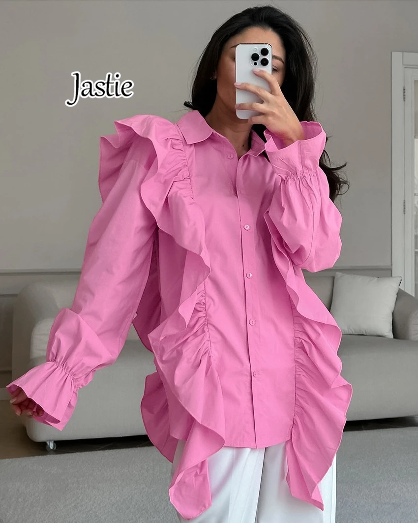 

Модные Розовые Хлопковые женские рубашки Jastie 2024, топы с оборками, Элегантная блузка с отворотом и длинным рукавом, рубашка, Повседневная блузка, топ, женская одежда