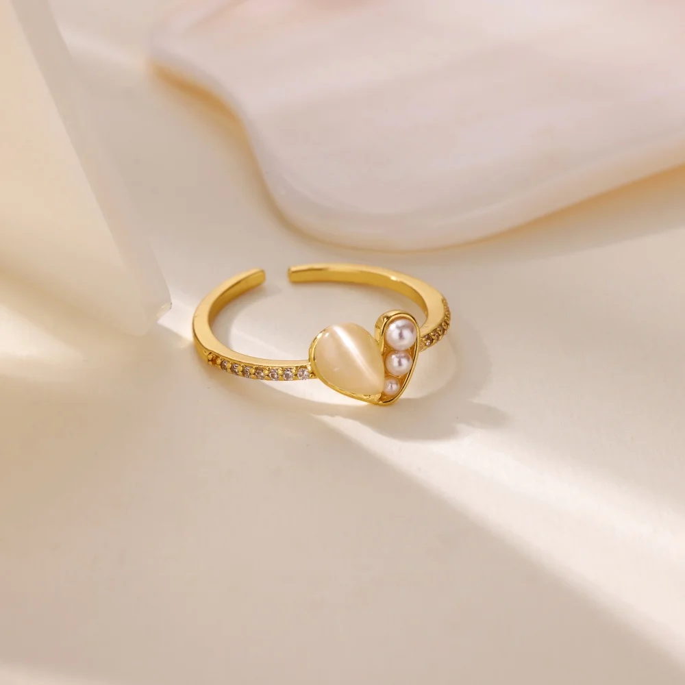 Luxury Resin Pearl Zircon Heart Ring For Women