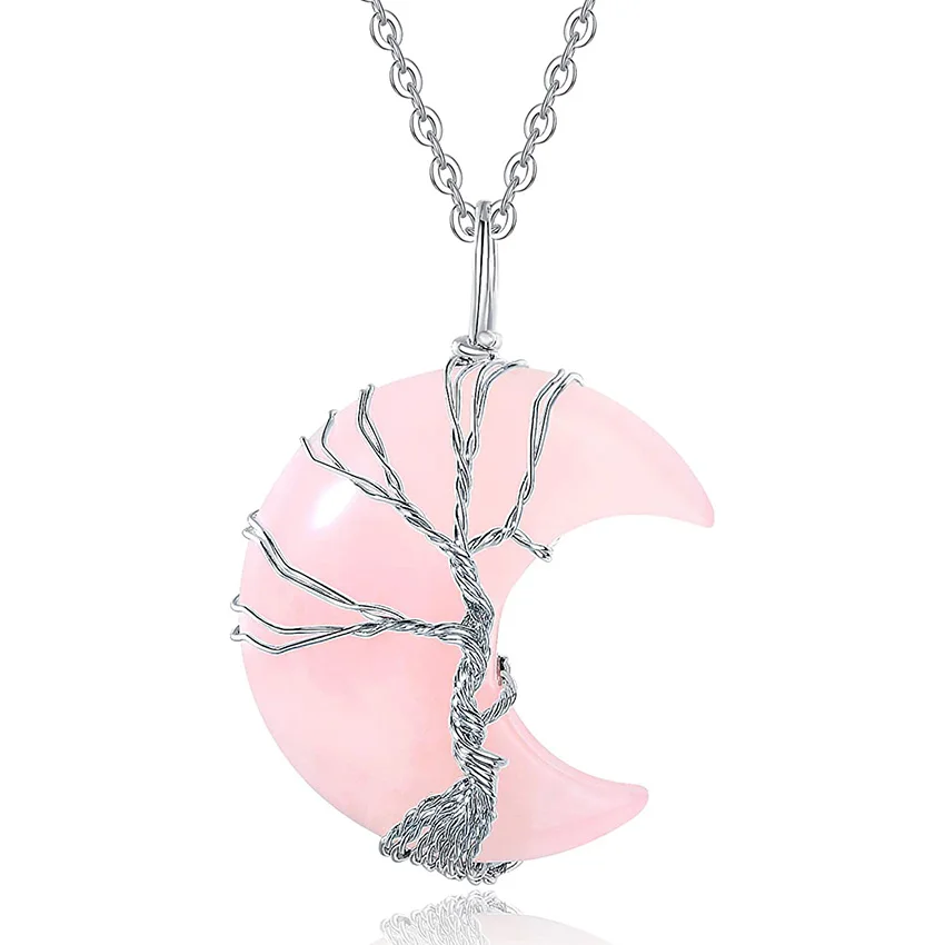 XSM Reiki Healing cristallo naturale quarzo rosa goccia d'acqua ciondolo albero della vita esagonale luna filo avvolto ciondolo collana gioielli