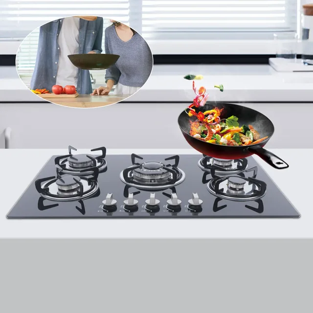 Kitchen 5 Burners Built-in Gas Hob Cooktop Tempered Glass Surface & Porcelain Enamel Grates for Natural Gas Lpg Gas 1
