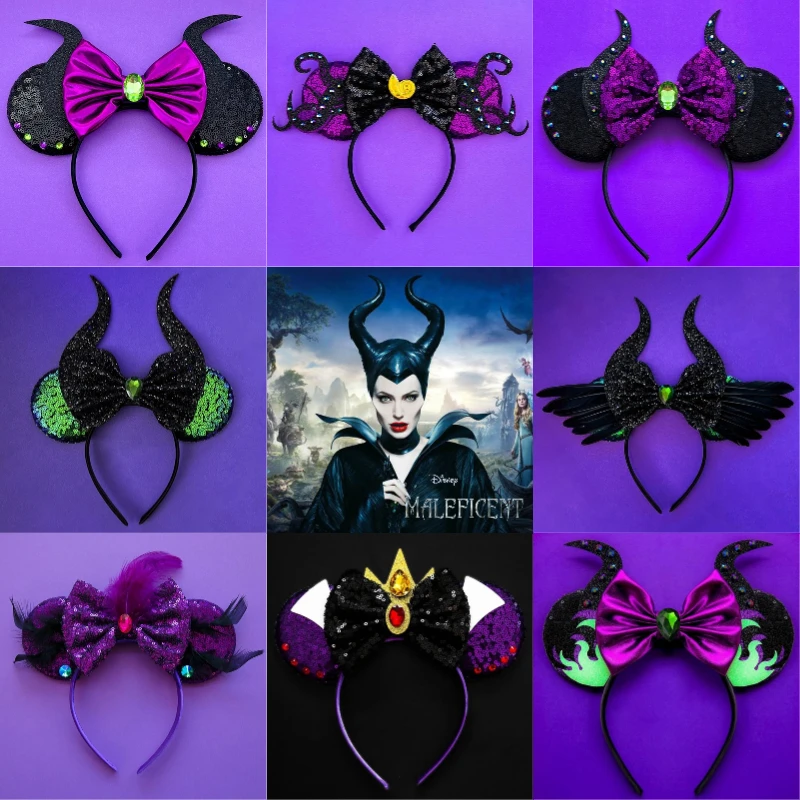 

Disney Maleficent Ears Mickey Headbands Women Sequins Bow Hair Accessories Girls Mistress of Evil Hairbands Kids Halloween Gifts