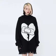 

Winter Knitted Harajuku Patch Sweater Punk Goth Women Casual Oversized Pullovers Sweaters Loose Irregular Warm Jumper Streetwear