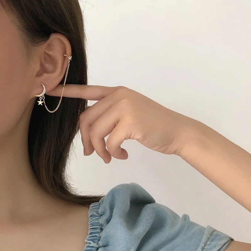 1Pair New Simple Fashion Women Moon Star Tassel Earring for Women Ear Cuff Chain Jewelry Party Gift