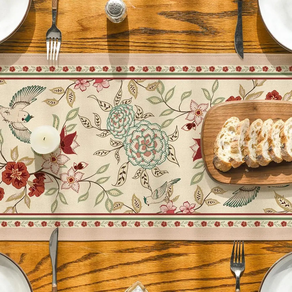 Floral Birds Linen Table Runner 4