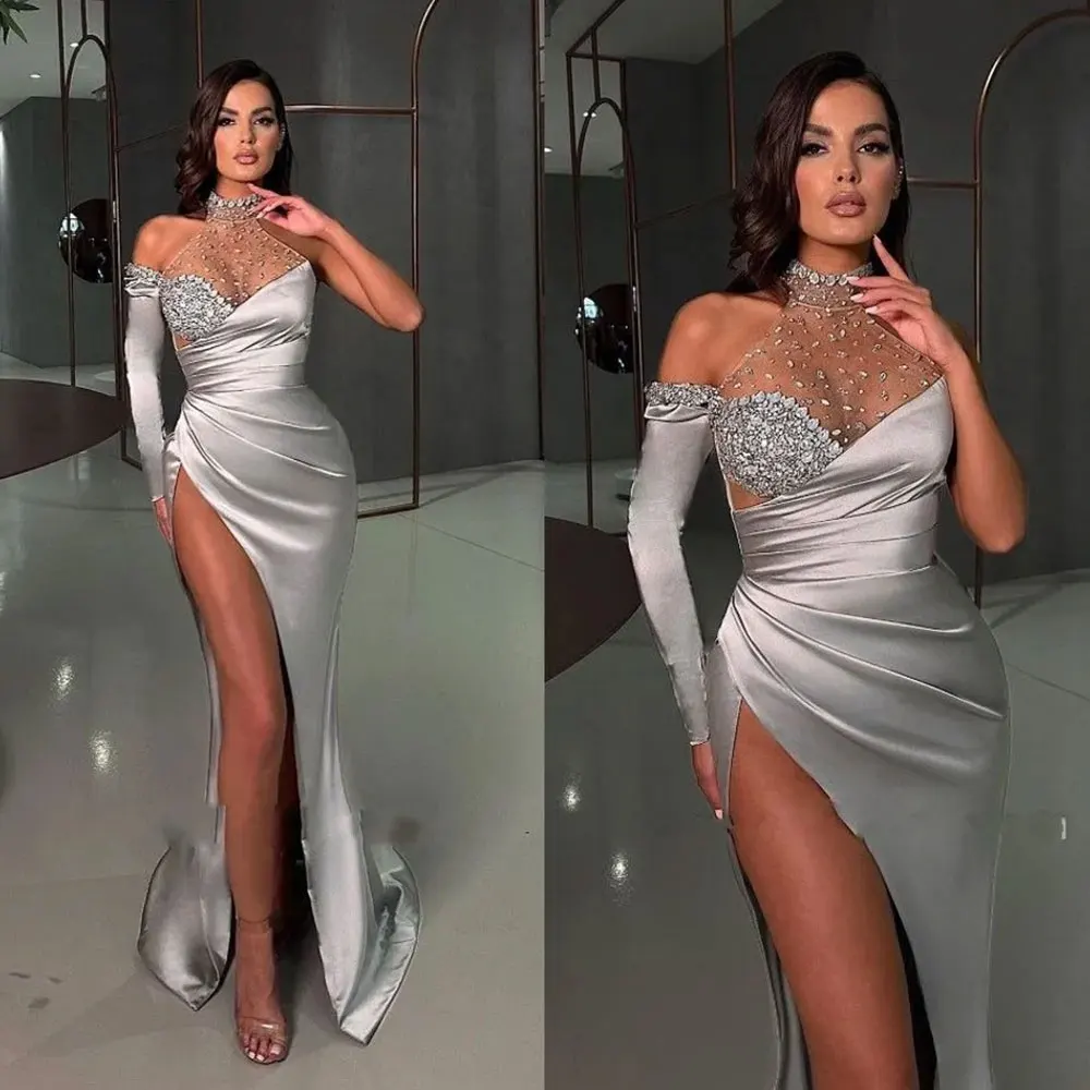 

Sexy High Thigh Split Evening Dresses Women New Sheer Halter High Neck Mermaid Prom Dress Long Sleeves Satin Formal Party Gowns