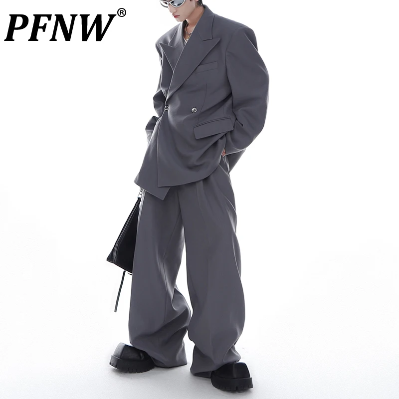 

PFNW Spring Autumn Men's Darkwear Shoulder Pad Suit Set Metal Design Profile Loose Blazers Coat Trendy Straight Pants 12A8298