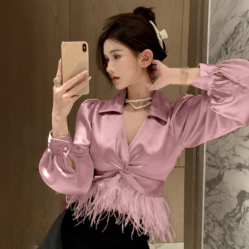 

Chic Sexy Blouse For Women Feather Shirts Elegant Satin Tassel Patchwork Crop Tops Long Sleeve Slim Solid Ladies