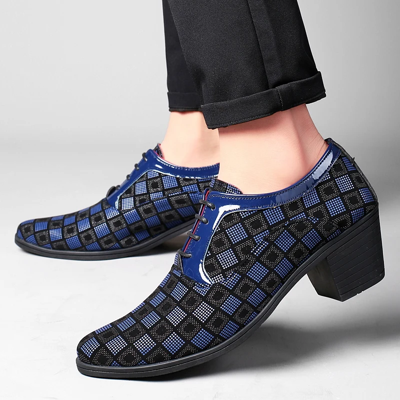 New Fashion Blue Plaid Men's High Heel Shoe Pointed Leather Dress Shoes Men Lace-up Wedding Shoes Men zapatos hombre vestir