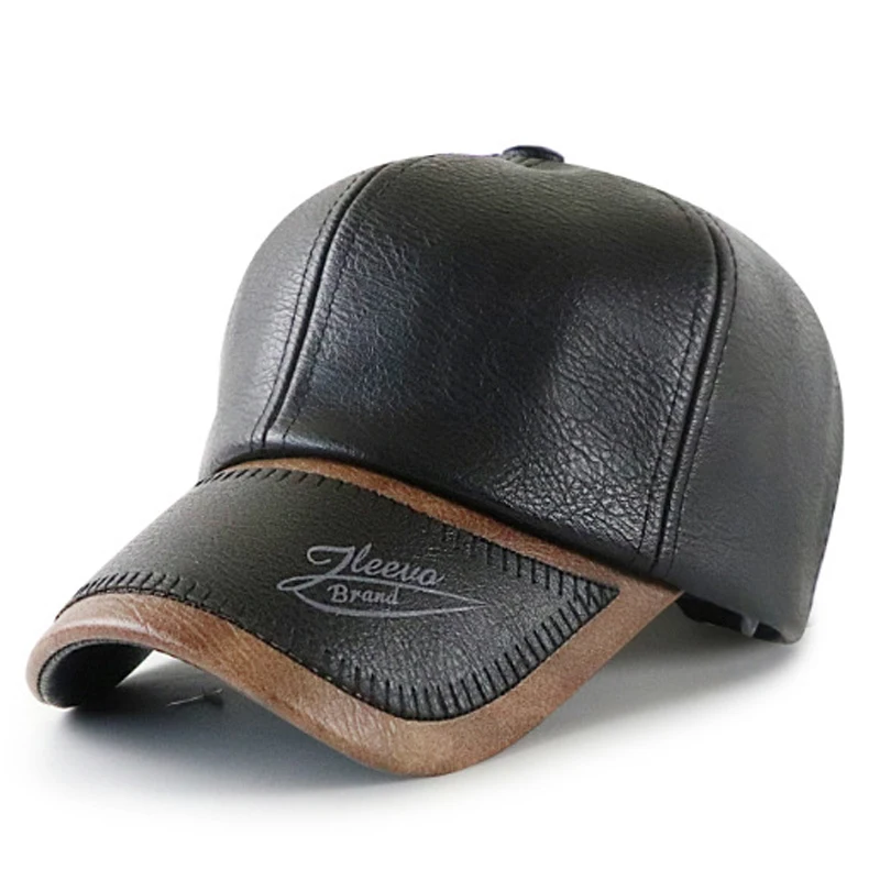 Retro Men Baseball Cap PU Leather Fall Winter Stitching Snapback Dad Hat Middle-aged Driving Hat Black Trucker Cap Adjustable 1