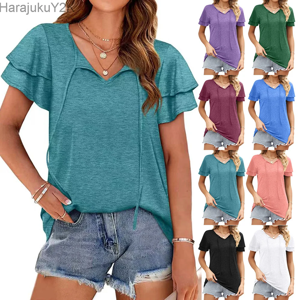 

Women's Fashion T-shirt Spring Summer Short Sleeve Oversized V-Neck Solid Color Button Tees Female Loose Pullover Tops