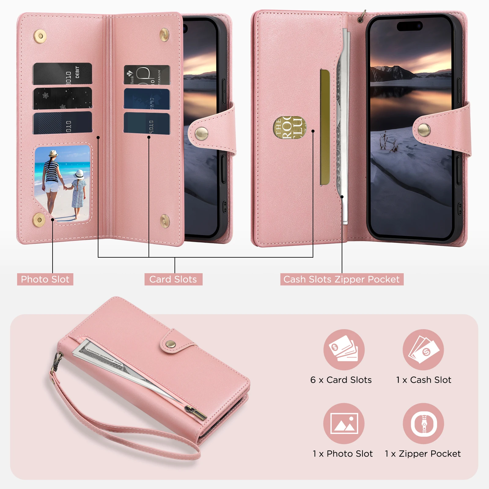 Universal Multi-Card Leather Wallet Case with Zipper, Kickstand, and Magnetic Closure