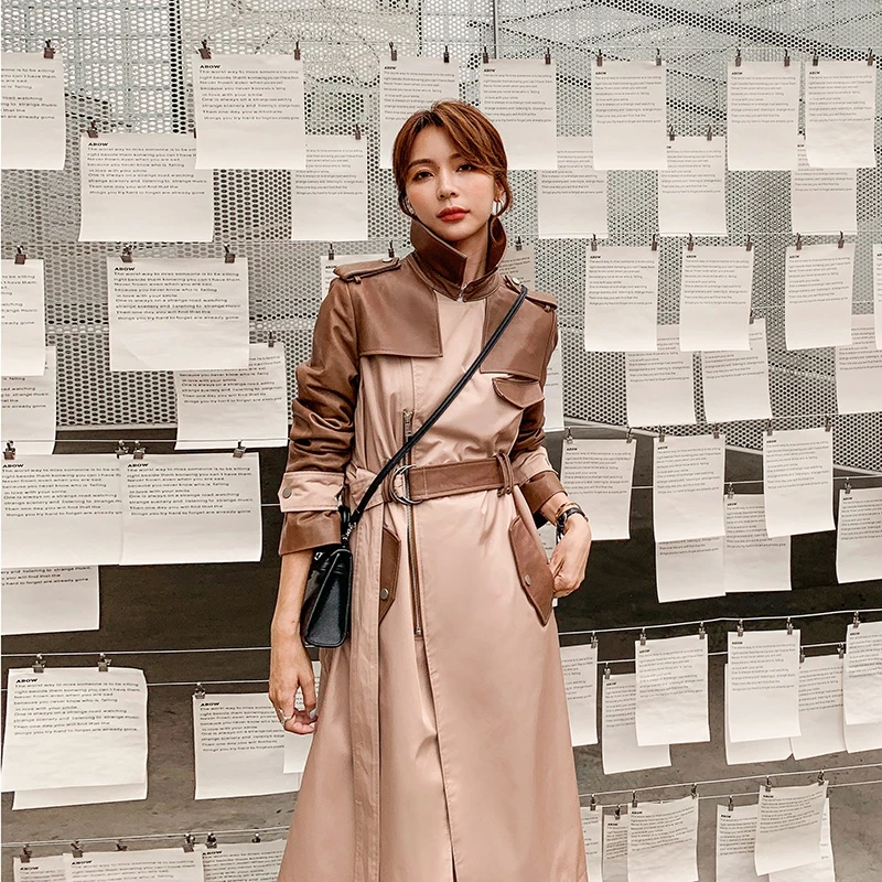 Brand New Long PU Leather Trench Coat For Women Slim Lady Duster Coat Spring Autumn Outerwear Windbreaker Patchlwork With Belt ladies long puffer coat