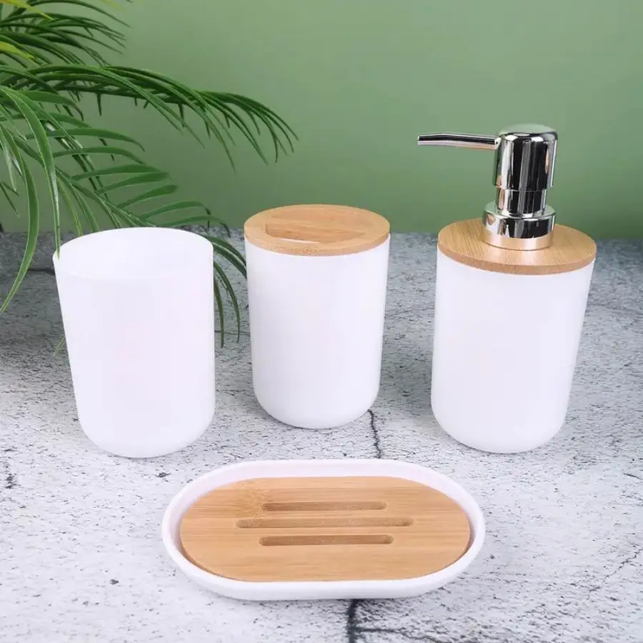 4pcs Bathroom Accessories Set Include Toothbrush Holder Cup Lotion Dispenser Soap Dish Bamboo Cover Set bathroom accessories set