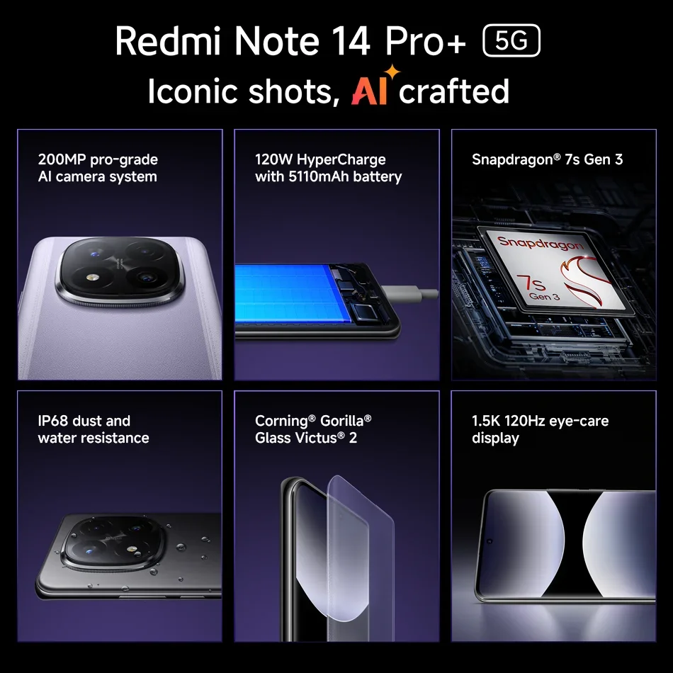 Xiaomi Redmi Note 14 Pro+ 5G Global Version Snapdragon 7s Gen 3 AMOLED 200MP Camera 6.7" 120Hz