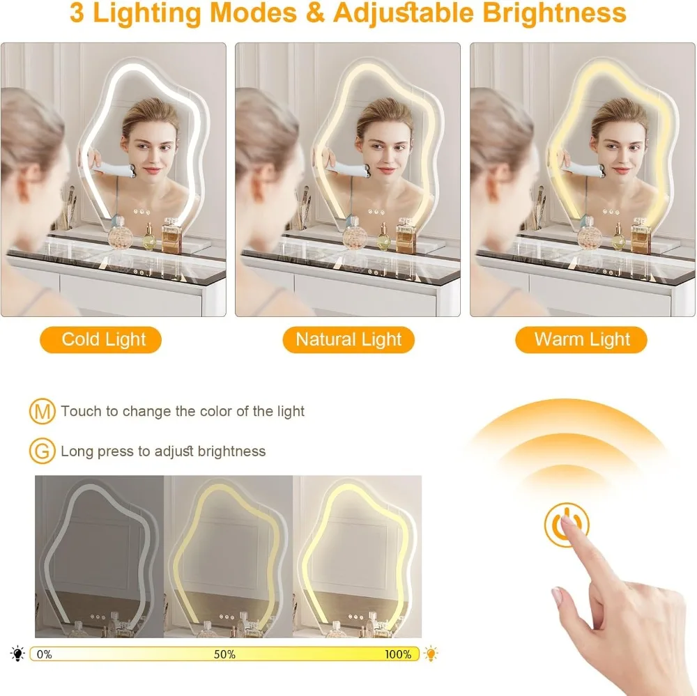 58" L-Shaped Corner Makeup Vanity Desk with LED Mirror Lights, Glass Top & Storage Drawers for Bedroom