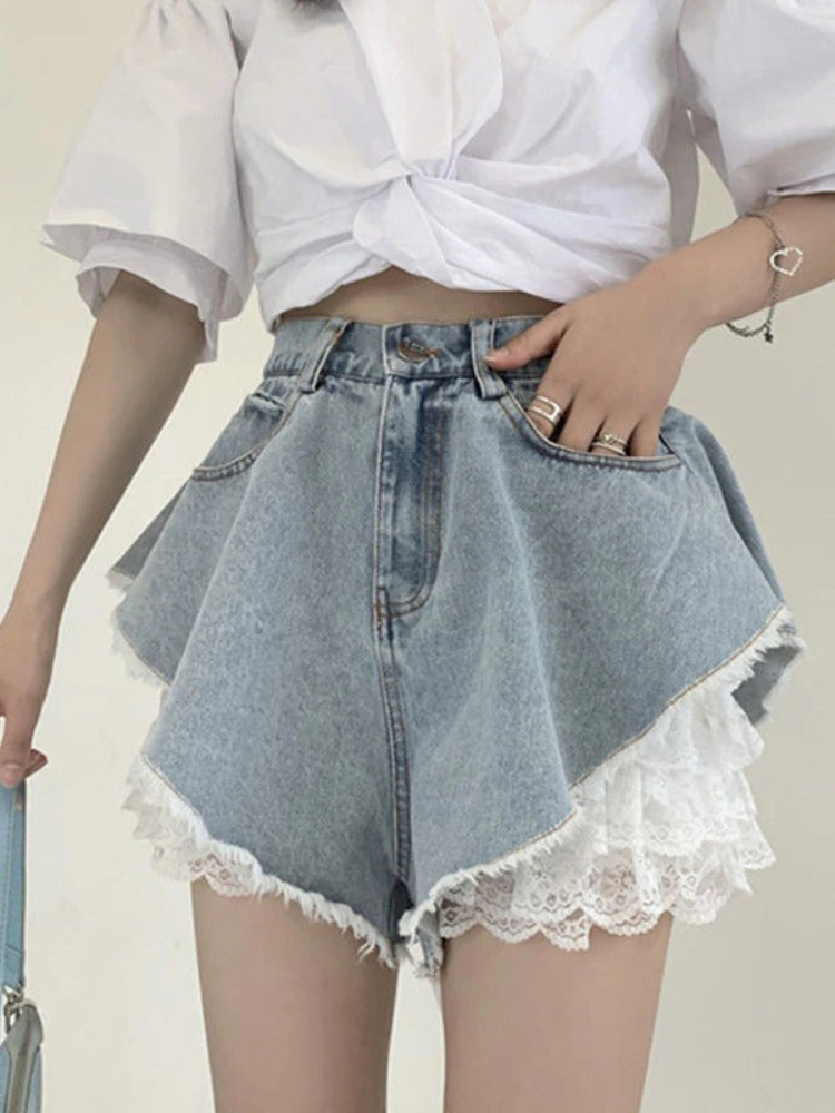 ADAGirl 여성용 블루 레이스 데님 반바지, Y2k 패션, 루즈 하이 웨이스트, 한국 스타일 캐주얼 A 라인 청바지, 레트로 스트리트웨어, 여름 바지