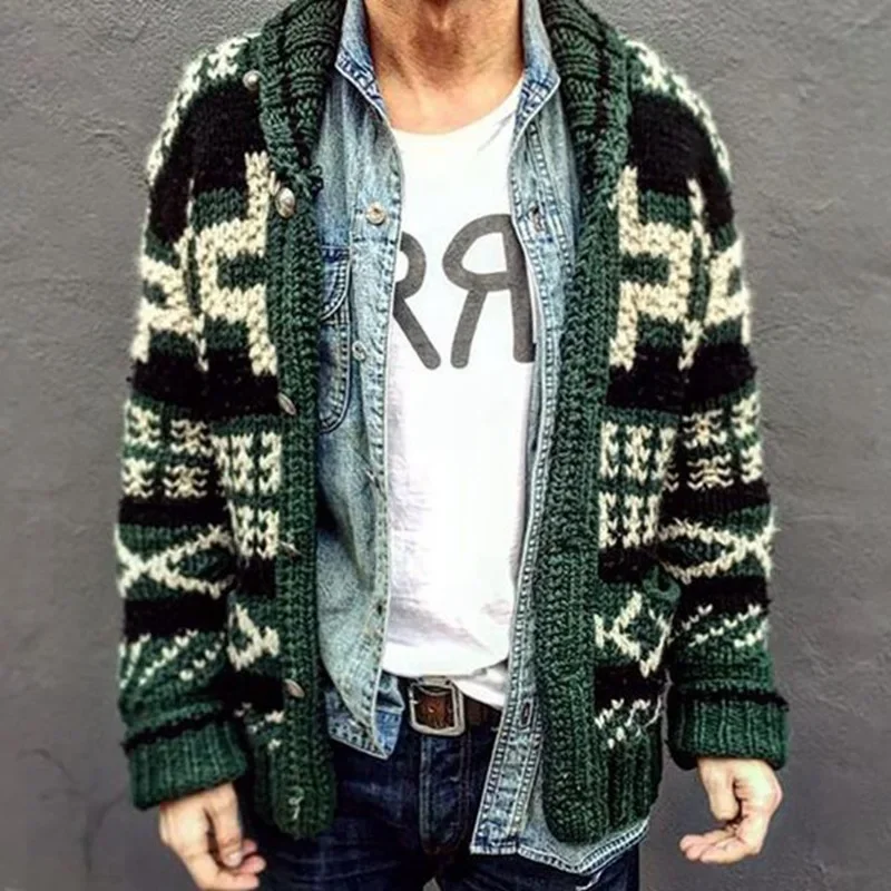 Men's Winter Long Sleeve Autumn Lapel Button Knit Cardigan Casual Loose Jackets Vintage Geometric Pattern Jacquard Sweater Coats