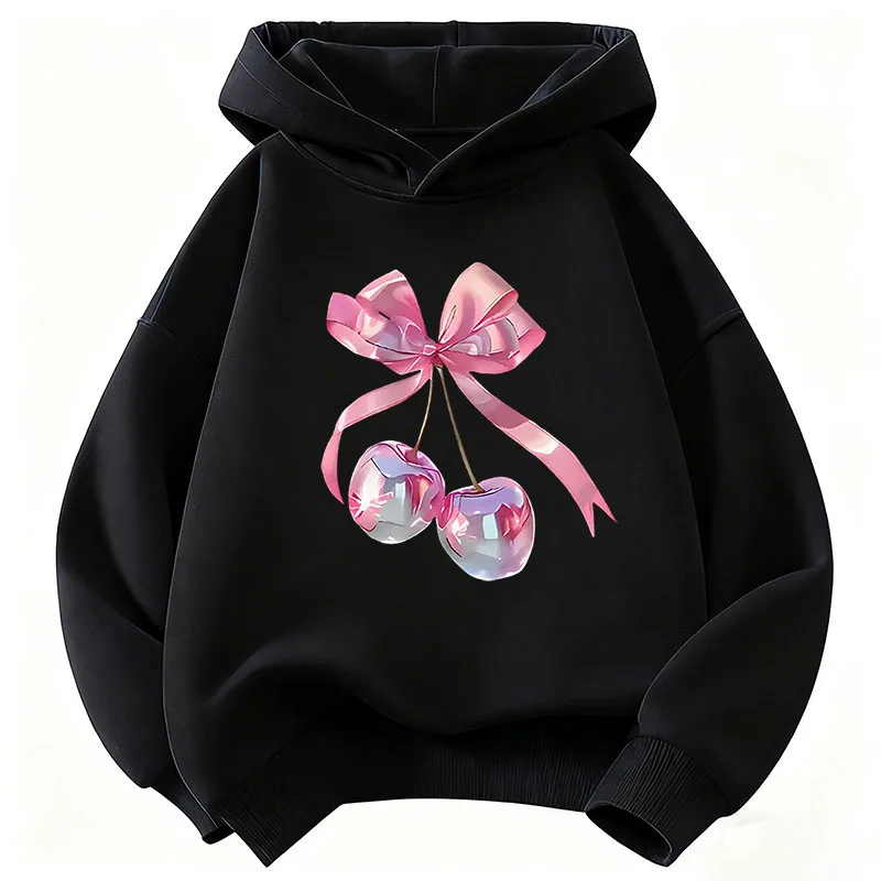 Pink Bow Design Girls' Casual Hoodie - Funny 90s Kids' Autumn/Winter Sweatshirt
