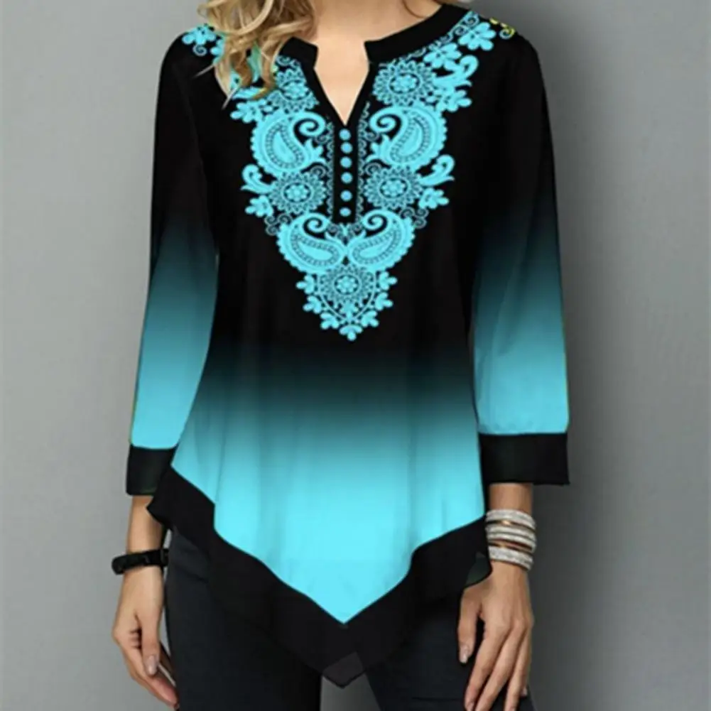 

Lace Matching Fashion Blouse Long Sleeve Gradient Color Women Blouses Shirt Lace Stitching Long Sleeve V-neck Buttons T-shirt