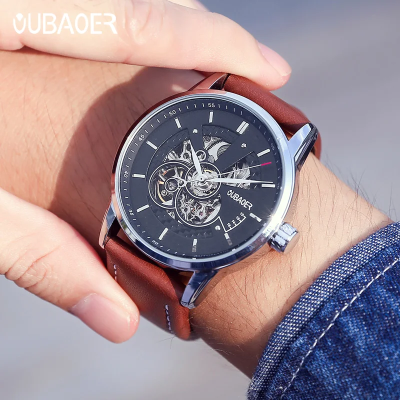 2023 OUBAOER New Men Luxury Automatic Mechanical Watch Stainless Steel Waterproof Sports Leather Watch Relogio Masculino