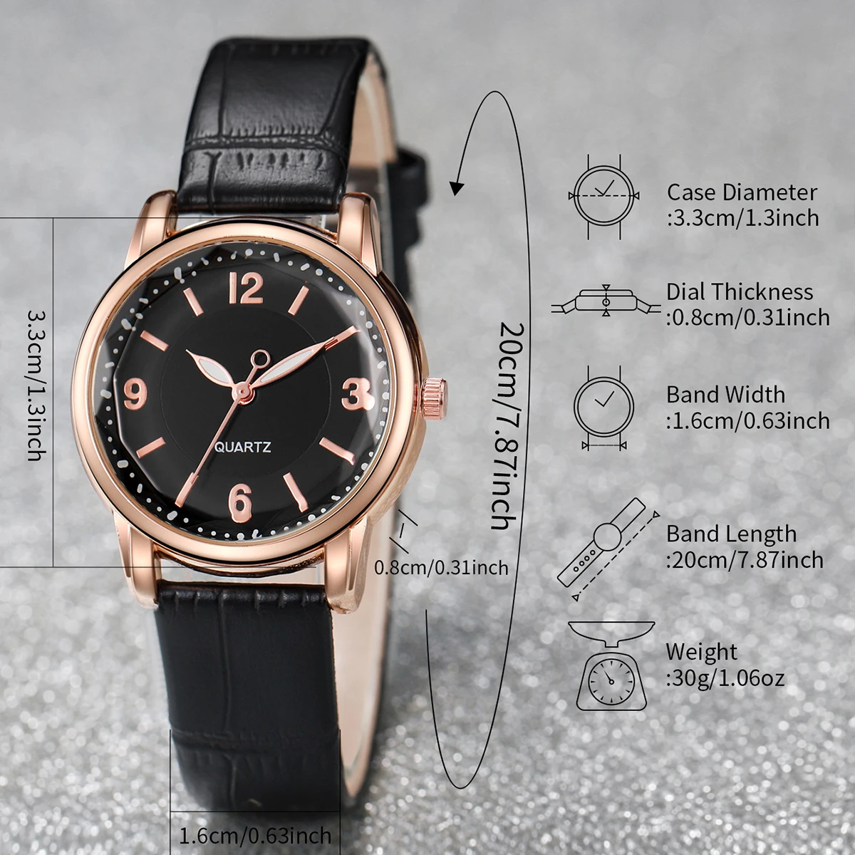 4PCS/Set Women's Fashion Watch Round Dial Leather Strap Quartz Watch with Black White Heart Bracelet