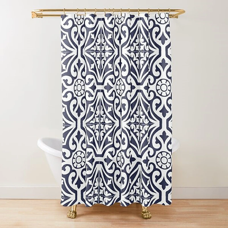 Tenda da doccia con motivo a traliccio marocchino, tende da bagno con reticolo geometrico Vintage bianco blu Navy indaco con ganci