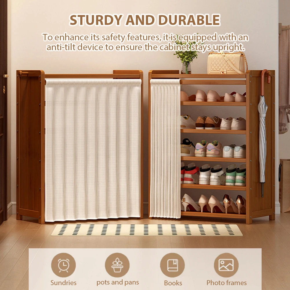 6-Tier Storage Shelves with White Gauze Curtain Wooden Shoe Organizer Dustproof Racks for Entryway Living Room Hallway Doorway